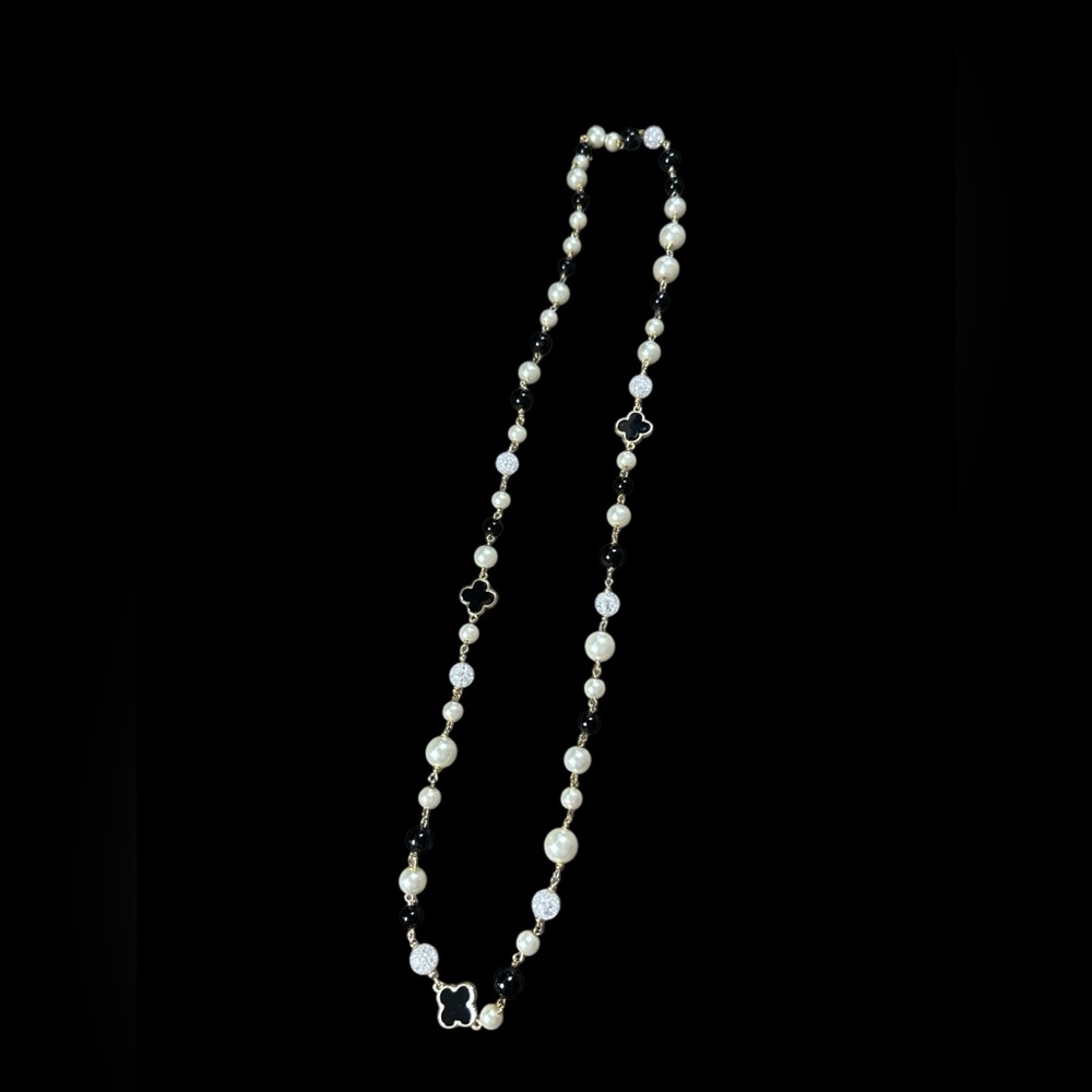 Clover, Pearl, Onyx,Crackle Glass 34" Gold Necklace